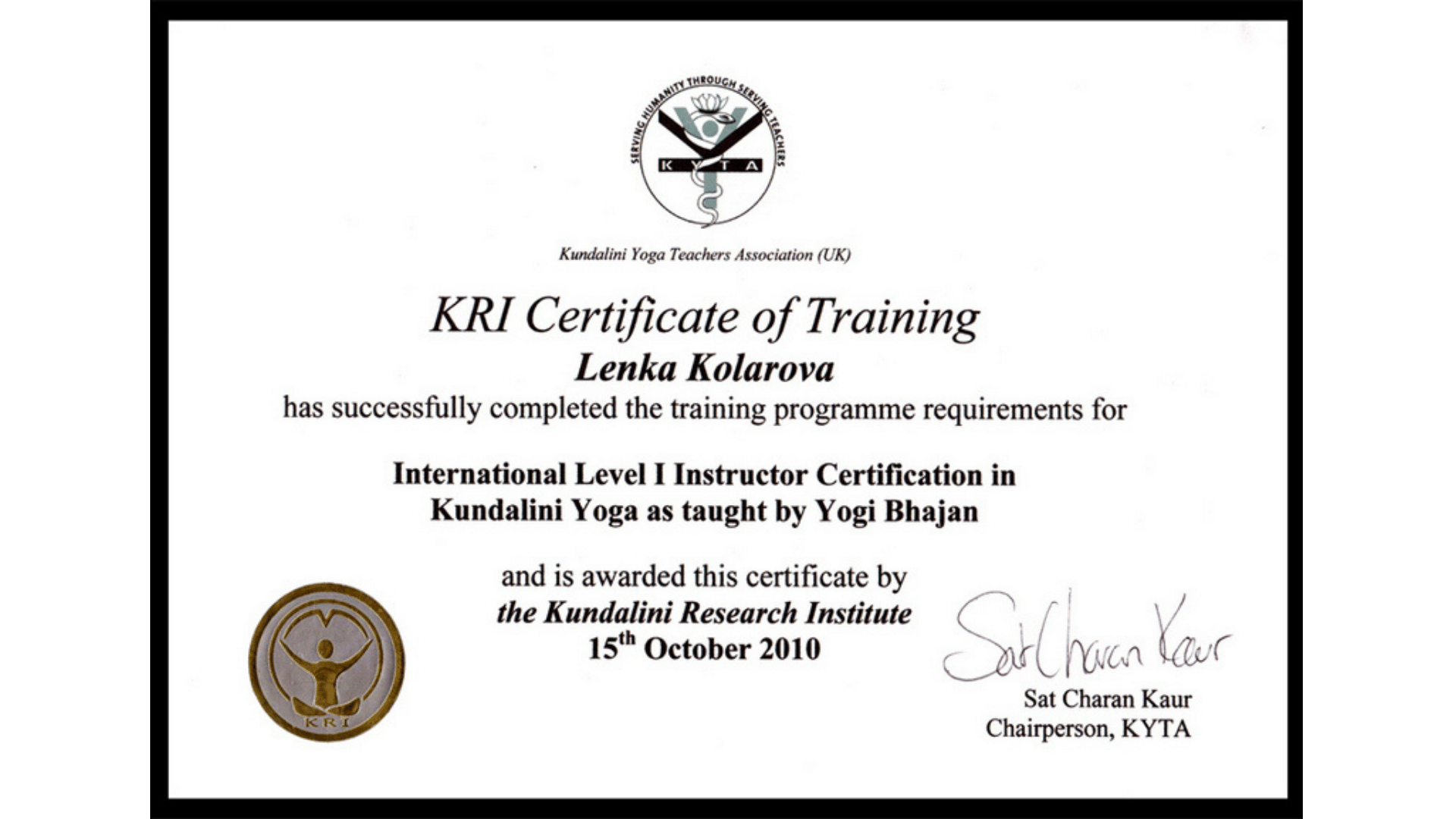 Lenka Kolárová KRI Certificate of Training Lenka Kolárová KRI Certificate of Training