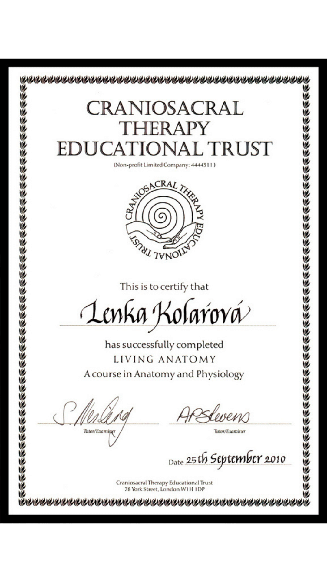 Lenka Kolárová Living Anatomy certificate Lenka Kolárová Living Anatomy certificate